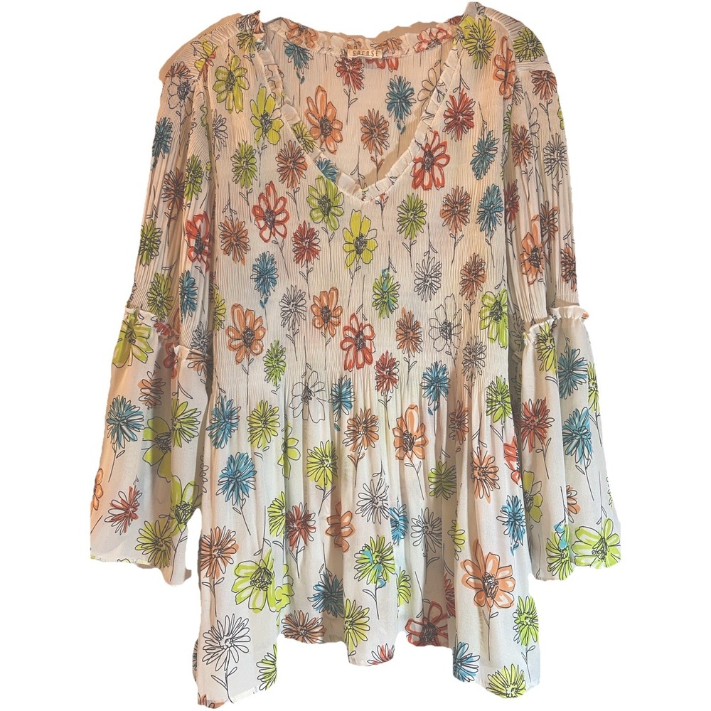 White & Vibrant Floral Women's Pullover Blouse Sz L Boho Hippie Smocked Top